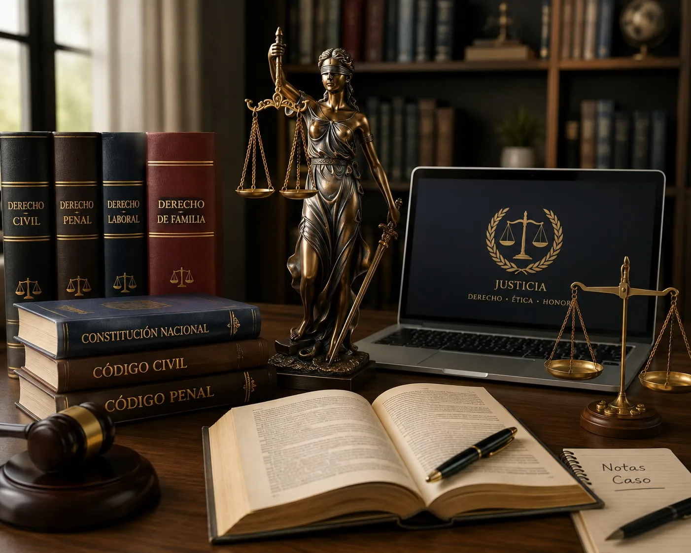 Escritorio del estudio con la estatua de la justicia, códigos y una balanza